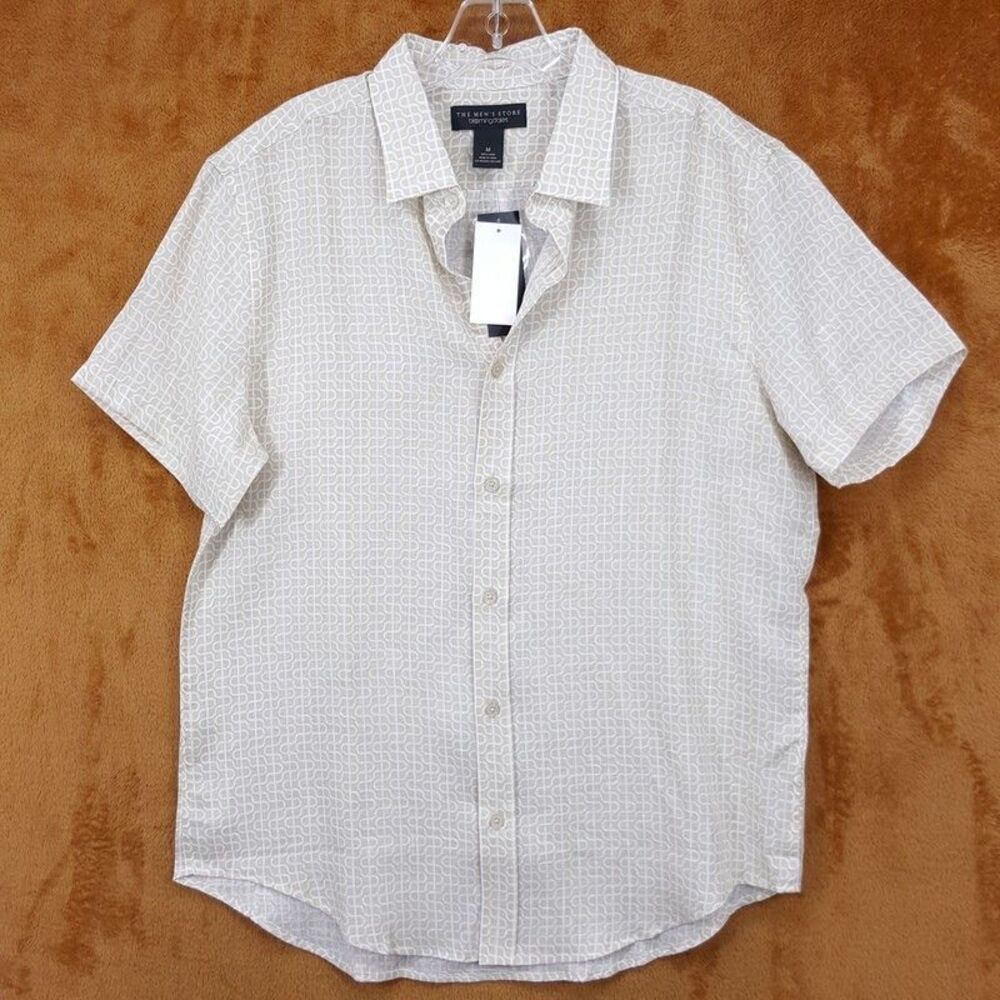 BLOOMINGDALES Shirt Mens Medium Tan Button Up Short Sleeve 100% Linen Casual
